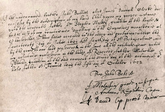 Fig. 3 - Act of profession of John Baptist Dowdall (c.1626-1710) on 5 October 1652